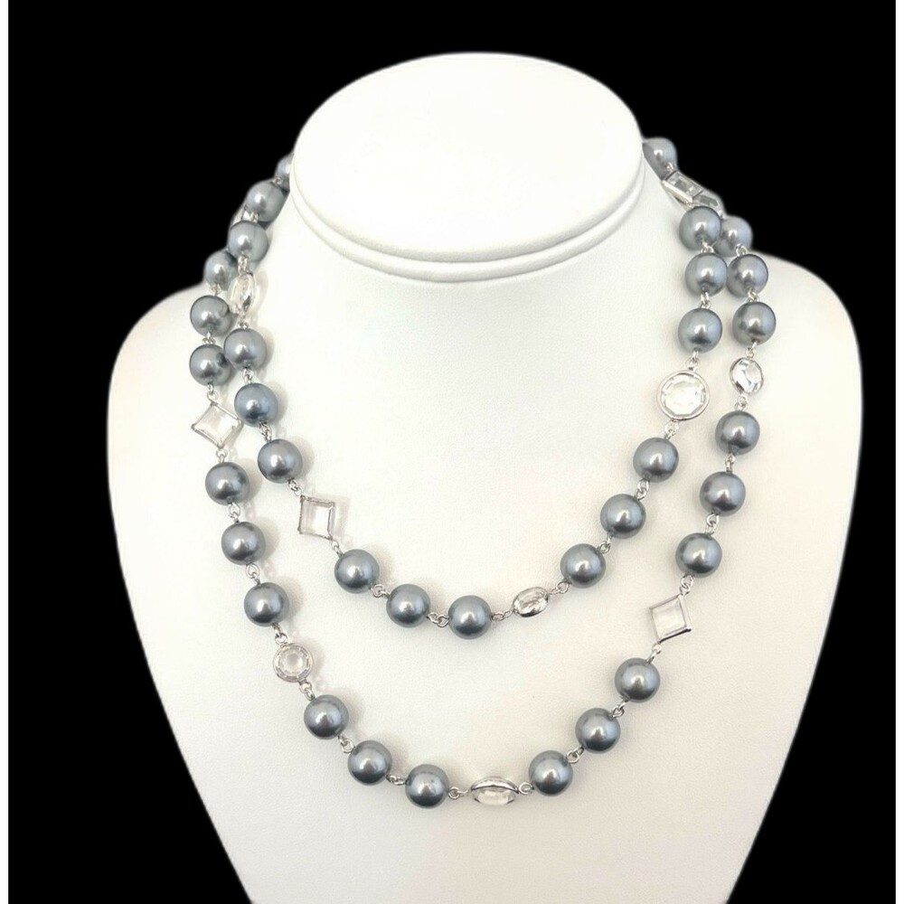 Vintage 1990s Joan Rivers Czech Glass Pearl Necklace Crystal Silver Tone - 12Z